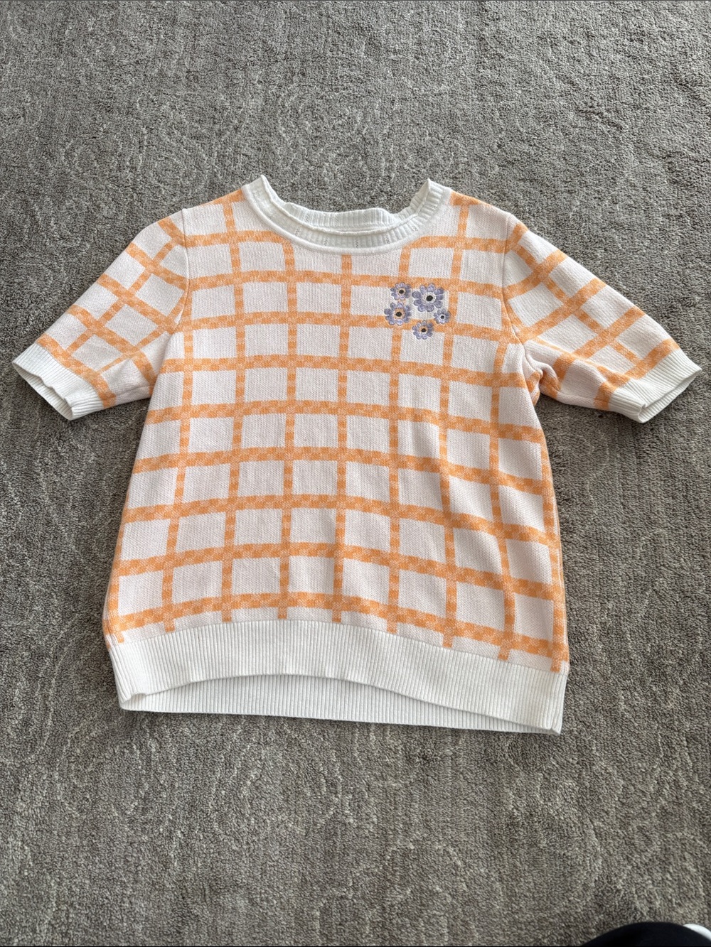 LOFT Peach and White Grid Knit Top with Floral Embroidery